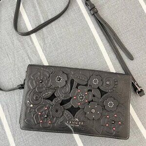 Coach Foldover Crossbody Clutch Metal Tea Rose Tooling